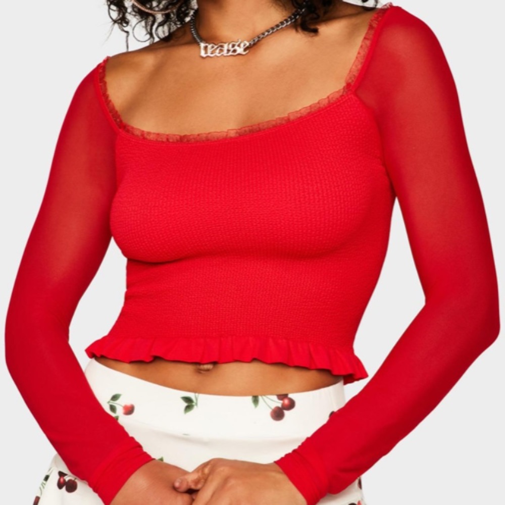 DOLLSKILL SHEER SLEEVE RED BLOUSE
